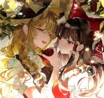  2girls :d absurdres apple arm_grab ascot black_headwear black_vest blonde_hair bow braid brown_hair closed_mouth commentary_request expressionless food frilled_bow frilled_hair_tubes frills fruit hair_bow hair_tubes hakurei_reimu hanaya_(fleur) highres holding holding_food holding_fruit kirisame_marisa long_hair looking_at_another mixed-language_commentary multiple_girls open_mouth orange_eyes red_bow red_eyes red_vest sarashi shirt single_braid smile touhou upper_body vest white_bow white_shirt yellow_ascot 