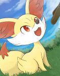  blue_sky bush day fennekin grass highres no_humans on_grass open_mouth outdoors pokemon pokemon_(creature) red_eyes rumine_(yoshi1234567) sky solo tail 