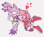  2girls amy_rose animal_ears blaze_the_cat blush cat_ears cat_girl cat_tail closed_eyes dress forehead_jewel furry furry_female gloves heart hedgehog_girl hug multiple_girls pants pink_footwear pink_fur ponytail purple_fur red_dress red_footwear rodka_sth simple_background sonic_(series) tail white_gloves white_pants yellow_eyes 