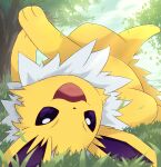  day grass jolteon looking_at_viewer lying no_humans on_back on_grass open_mouth outdoors pokemon pokemon_(creature) rumine_(yoshi1234567) solo tree 