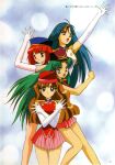  1990s_(style) 4girls arm_up blue_eyes blue_hair blue_headwear brown_hair crossed_arms elbow_gloves expressionless gloves green_eyes hat highres kagayake!_kirakira_senshi_risky_jewel long_hair looking_at_viewer miniskirt multicolored_hair multiple_girls non-web_source official_art open_mouth page_number peaked_cap pink_skirt pleated_skirt red_headwear redhead retro_artstyle short_hair skirt smile white_gloves 