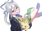  1girl absurdres black_jacket blazer bow brown_cardigan cardigan grey_hair hair_bow hair_ornament hairclip high_ponytail highres higuchi_kaede higuchi_kaede_(1st_costume) jacket leafeon long_hair necktie nijisanji no_shoes open_clothes open_jacket pleated_skirt pokemon pokemon_(creature) purple_necktie ropuggo school_uniform skirt socks solo violet_eyes virtual_youtuber white_bow white_socks 