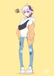  1girl absurdres animal_print cat_print commentary denim earrings fanny_pack flower_(vocaloid) flower_(vocaloid4) frown full_body highres hood hoodie jacket jeans jewelry kinosuke_(pattaba) multicolored_hair notice_lines off_shoulder open_clothes open_jacket orange_jacket pants patchwork_clothes pigeon-toed purple_hair shoes short_hair signature simple_background sleeves_past_wrists sneakers solo squiggle standing streaked_hair violet_eyes vocaloid white_hoodie white_sneakers yellow_background 