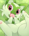  berry_(pokemon) day eating fangs food fruit grass highres holding holding_food holding_fruit looking_at_viewer lying no_humans on_back on_grass outdoors pecha_berry pokemon pokemon_(creature) rumine_(yoshi1234567) solo sprigatito 