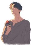  13nohuyu 1boy brown_hair collarbone eren_yeager flower grey_eyes grey_shirt highres holding holding_flower long_sleeves looking_up male_focus parted_bangs parted_lips red_flower red_rose rose shingeki_no_kyojin shirt short_hair solo upper_body white_background 
