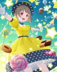  1girl brown_hair candy cupcake doughnut dress food gloves gradient_background hat highres light_brown_hair lollipop looking_at_viewer love_live! love_live!_nijigasaki_high_school_idol_club maju_(maju_magical) nakasu_kasumi open_mouth pink_eyes polka_dot poppin&#039;_up_(love_live!) short_hair smile solo star_(symbol) white_gloves yellow_dress yellow_headwear 