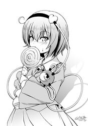  1girl blouse candy collared_shirt covering_own_mouth cowboy_shot food frilled_shirt_collar frilled_sleeves frills from_side greyscale hair_between_eyes hairband holding holding_candy holding_food holding_lollipop komeiji_satori lollipop looking_at_viewer medium_hair monochrome shirt skirt sleeves_past_wrists solo sweatdrop swirl_lollipop tatsuya_(guild_plus) third_eye touhou wide_sleeves 