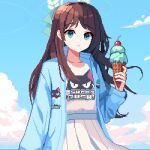  1girl airi_(blue_archive) black_hair blue_archive blue_jacket closed_mouth clouds cloudy_sky commentary english_commentary food green_eyes green_halo halo highres holding holding_food ice_cream jacket long_hair long_sleeves open_clothes open_jacket pixel_art pleated_skirt shirt skirt sky smile solo tinia_etru white_shirt white_skirt 