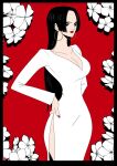  1girl black_border black_hair boa_hancock border chris_re5 cowboy_shot dress english_commentary flower hand_on_own_hip hime_cut instagram_username long_hair looking_to_the_side one_piece red_background red_lips red_nails solo twitter_username white_dress 