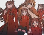  1girl anger_vein annoyed black_bow black_skirt black_thighhighs blue_eyes blush bow brown_hair clenched_hand coat cross_print fate/stay_night fate_(series) hair_bow hand_on_own_hip homurahara_academy_school_uniform hugging_own_legs light_blush light_smile long_hair looking_at_viewer m_12170 multiple_views musical_note print_sweater red_coat red_sweater school_uniform serious sharp_teeth simple_background sitting skirt smile sweater teeth thigh-highs tohsaka_rin two_side_up upper_body upper_teeth_only white_background 