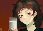  1girl artist_name black_shirt brown_hair commentary cup drinking_glass highres medium_hair milk milk-chan_(milk_series) milk_inside_a_bag_of_milk_inside_a_bag_of_milk portrait red_background red_eyes russian_commentary shirt simple_background smile tangerine_93 