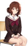  1girl absurdres blush brown_eyes brown_hair brown_serafuku brown_shirt brown_skirt chair closed_mouth feet_out_of_frame head_tilt hibike!_euphonium highres kitauji_high_school_uniform long_sleeves looking_at_viewer neckerchief on_chair oumae_kumiko own_hands_together pleated_skirt red_neckerchief sailor_collar school_chair school_uniform serafuku shirt short_hair simple_background sitting skirt smile solo split_mouth white_background white_sailor_collar winter_uniform zero0ex 