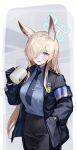 1girl absurdres animal_ear_fluff animal_ears armband black_gloves blonde_hair blue_archive blue_halo blue_necktie blue_shirt blush breasts clenched_teeth coffee_mug collared_shirt cowboy_shot cup dog_ears gloves hair_over_one_eye halo hand_in_pocket hand_up highres holding holding_cup jacket kanna_(blue_archive) long_hair long_sleeves mug necktie open_clothes open_jacket parted_bangs pencil_skirt shirt skirt solo teeth tie_clip user_raxx5258 
