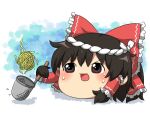  1girl black_hair blush bow brown_eyes commentary_request cooking food full_body hair_bow hair_tubes hakurei_reimu medium_bangs noodles open_mouth paplikaling red_bow short_hair solo strainer touhou v-shaped_eyebrows yukkuri_shiteitte_ne 