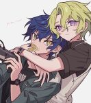  2boys black_shirt blue_hair bracelet chips_(food) closed_mouth collared_shirt controller dutch_angle ensemble_stars! eve_(ensemble_stars!) food food_in_mouth food_on_face game_controller green_hair green_jacket grey_background hair_between_eyes highres holding holding_controller holding_game_controller hug hug_from_behind jacket jewelry long_sleeves looking_at_viewer male_focus meremero mouth_hold multiple_boys potato_chips sazanami_jun shirt short_hair short_sleeves simple_background tomoe_hiyori upper_body violet_eyes watch watch wavy_hair yellow_eyes 