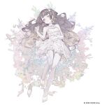  1girl absurdres anya_melfissa barefoot brown_hair dress flower_bed frilled_dress frills highres hololive hololive_indonesia long_hair looking_at_viewer lying on_back shoes simple_background smile solo suimin_(sui_0y0) unworn_shoes violet_eyes virtual_youtuber white_background 