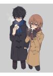  2boys absurdres akechi_gorou amamiya_ren baozi black_coat black_eyes black_hair black_pants blue_scarf border brown_coat brown_eyes brown_hair coat cropped_legs eating food glasses grey_background hand_in_pocket highres long_sleeves male_focus mty_mmm multiple_boys pants persona persona_5 plaid plaid_pants plaid_scarf red_scarf scarf simple_background 