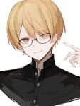  1boy bespectacled blonde_hair buttons commentary_request gakuran glasses hand_up highres ichigo_ichie_na_hyakki_yagyou!?_(project_sekai) looking_at_viewer male_focus official_alternate_costume official_alternate_hairstyle orange_eyes project_sekai school_uniform short_hair simple_background smile solo tenma_tsukasa twitter_username upper_body white_background yukiusagi_(yukiusagi_52) 