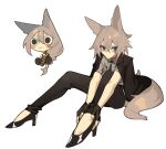  2girls absurdres animal_ears black_gloves blue_eyes fingerless_gloves full_body ghost_(tama) gloves grey_shirt hibi high_heels highres long_hair multiple_girls necktie original ponytail shirt short_hair simple_background suit tail white_background wolf_ears wolf_girl wolf_tail 