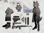  absurdres animal_ears blue_eyes character_name coat combat_knife dog_tags english_text full_body ghost_(tama) gloves grey_coat grey_hair grey_necktie gun handgun highres knife necktie original pants short_hair tail weapon weapon_request wolf_ears wolf_girl wolf_tail 