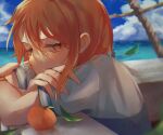  1girl blue_shirt clouds commentary crossed_arms feathers highres looking_at_viewer machida_0906 nami_(one_piece) ocean one_piece orange_eyes orange_hair ratline shirt short_hair shroud_(sailing) sidelocks sky solo white_shirt 