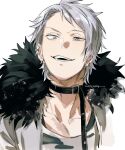  1boy artist_name belt_choker collarbone commentary earrings fur-trimmed_jacket fur_trim grey_eyes grey_hair grey_jacket jacket jewelry kadeart looking_at_viewer multiple_earrings simple_background smirk solo sousou_no_frieren uneven_eyes upper_body white_background wirbel_(sousou_no_frieren) 