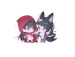  2girls :&lt; afterimage animal_costume animal_ears animal_hands bandaid bandaid_on_head bang_dream! bang_dream!_it&#039;s_mygo!!!!! basket big_bad_wolf big_bad_wolf_(cosplay) black_hair cape chibi closed_mouth commentary cosplay dress full_body gloves green_eyes grey_dress hashtag_only_commentary highres hood hood_up little_red_riding_hood little_red_riding_hood_(grimm) little_red_riding_hood_(grimm)_(cosplay) long_hair m_omoo mole mole_under_eye multiple_girls paw_gloves red_cape shiina_taki simple_background tail tail_wagging very_long_hair violet_eyes white_background wolf_costume wolf_ears wolf_girl wolf_tail yahata_umiri 