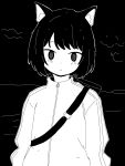  1girl @_@ animal_ears arms_at_sides black_background bob_cut cat_ears closed_mouth fang highres jacket looking_at_viewer monochrome o-ring oekaki original puriririririri sheath simple_background sketch skin_fang solo upper_body 