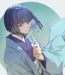  1girl blue_jacket blunt_bangs bob_cut closed_mouth english_commentary from_above from_side hand_up haori holding_pinwheel jacket japanese_clothes kasuga_yomi kekkaishi kimono long_sleeves looking_at_viewer looking_to_the_side obi purple_hair purple_kimono sash solo upper_body violet_eyes yoshicha 