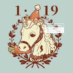  aqua_background artist_name bridle carrot darley_clatter dated flower food_in_mouth hat laurels no_humans object_focus orange_headwear party_hat pink_flower reverse:1999 sakita_pani sign toy_horse watermark 