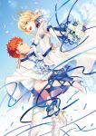  1boy 1girl :d ahoge alternate_costume arm_around_waist artoria_pendragon_(fate) bare_shoulders blonde_hair blue_background blue_choker blue_nails blue_ribbon bouquet bow carrying choker closed_mouth collarbone couple crown detached_sleeves dress emiya_shirou eye_contact fate/stay_night fate_(series) feet_out_of_frame floating_clothes floating_hair flower full_body green_eyes hair_between_eyes hair_bow hair_bun hair_ribbon hand_on_another&#039;s_shoulder happy hetero high_heels highres holding holding_bouquet juliet_sleeves knees_together_feet_apart leg_ribbon long_ribbon long_sleeves looking_at_another medium_hair mini_crown nail_polish open_mouth orange_hair otama_(atama_ohanabatake) princess_carry profile puffy_sleeves ribbon rose saber_(fate) short_hair simple_background single_hair_bun smile spiky_hair standing strapless strapless_dress teeth upper_teeth_only wedding_dress white_bow white_dress white_flower white_footwear white_rose white_sleeves yellow_eyes 