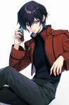  1boy belt black_hair black_shirt brown_jacket cellphone code_geass elec_shou flip_phone grey_background grey_belt grey_pants highres holding holding_phone jacket lelouch_vi_britannia long_sleeves looking_at_viewer male_focus pants parted_lips phone shirt short_hair simple_background solo sweater teeth turtleneck turtleneck_sweater violet_eyes 