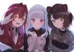  3girls ange_katrina ange_katrina_(1st_costume) animal_ears black_sweater blue_eyes blue_hair brown_hair cardigan colored_inner_hair dog_ears dog_girl gloves grey_hair heterochromia highres inui_toko inui_toko_(5th_costume) jewelry lize_helesta lize_helesta_(5th_costume) long_hair multicolored_hair multiple_girls nao_(syn_eaa) necklace nijisanji open_mouth pink_eyes red_cardigan red_eyes redhead ribbed_sweater sanbaka_(nijisanji) short_hair smile streaked_hair sweater virtual_youtuber white_gloves yellow_eyes 