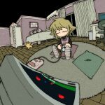  bed bedroom blonde_hair chair chest_of_drawers closed_eyes controller curtains desk famicom fisheye game_console game_controller holding holding_controller holding_game_controller indoors no_mouth pantsu-ripper pillow playing_games rug shoes sitting stuffed_animal stuffed_toy television untied_footwear urotsuki video_game window yume_2kki 