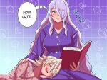  1boy 1girl blush breasts camilla_(fire_emblem) corrin_(fire_emblem) corrin_(male)_(fire_emblem) crescent english_commentary fire_emblem grid_background hair_betwen_eye hair_over_one_eye lap_pillow large_breasts mnejing30 mullet nose_bubble pajamas parted_bangs siblings sidelocks sleeping sleeping_on_person smile sound_effects speech_bubble star_(symbol) two-tone_background violet_eyes white_hair 