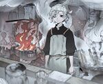  1boy apron black_eyes black_skirt bowl dungeon_meshi fire frying_pan gapamopa grey_hair highres kettle kitchen ladle mithrun one_eye_closed short_hair skirt smoke solo steam stove tagme white_apron 