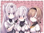  2girls black_hairband black_sailor_collar braid breasts cheek_poking closed_eyes commentary_request fuyutsuki_(kancolle) gloves hairband kabocha_torute kantai_collection light_brown_hair long_hair medium_breasts multicolored_clothes multicolored_gloves multiple_girls neckerchief one_side_up poking sailor_collar smile solid_oval_eyes suzutsuki_(kancolle) teruzuki_(kancolle) twin_braids white_hairband white_neckerchief white_sailor_collar yellow_neckerchief 