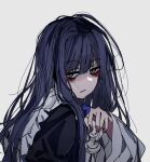  1girl bags_under_eyes black_shirt blue_hair blunt_bangs chess_piece closed_mouth dark_blue_hair frederica_bernkastel frown holding holding_chess_piece long_hair long_sleeves messy_hair pawn_(chess) shirt simple_background solo sweater_701 umineko_no_naku_koro_ni violet_eyes white_background wide_sleeves 