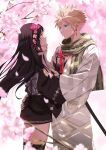  befirst_b black_hair black_kimono blonde_hair cherry_blossoms cloud_strife cloud_strife_(official_festive_garb) couple earrings final_fantasy final_fantasy_vii final_fantasy_vii_ever_crisis final_fantasy_vii_remake flower hair_flower hair_ornament hand_on_another&#039;s_chin highres japanese_clothes jewelry katana kimono official_alternate_costume petals scarf spiky_hair standing sword tassel tassel_earrings tifa_lockhart tifa_lockhart_(exotic_dress) two-tone_kimono weapon 
