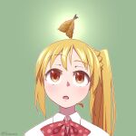  blonde_hair bocchi_the_rock! bow bowtie collared_shirt fish_(food) food food_on_head fried_fish fried_horse_mackerel green_background highres ijichi_nijika long_hair looking_up object_on_head open_mouth orange_eyes polka_dot_bowtie portrait red_bow red_bowtie shapoco shirt side_ponytail straight-on white_shirt 