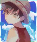  1boy back black_hair close-up clouds commentary_request hat highres looking_at_viewer looking_back machida_0906 male_focus monkey_d._luffy one_piece red_shirt scar scar_on_face shirt short_hair sky solo straw_hat 