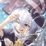  1girl black_headwear blue_eyes bow doconim elaina_(majo_no_tabitabi) grey_hair hair_between_eyes hat highres long_hair majo_no_tabitabi open_mouth ribbon smile solo white_hair witch_hat 