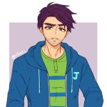  1boy bags_under_eyes beard_stubble blue_jacket blue_shirt facial_hair furrowed_brow green_eyes green_shirt hood hoodie jacket looking_at_viewer male_focus parted_lips rilievi_(riiv) shane_(stardew_valley) shirt solo sparse_stubble stardew_valley striped_clothes stubble thick_eyebrows twitter_username v-shaped_eyebrows violet_eyes 
