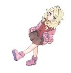  1girl aa211108 ahoge blonde_hair blush commentary dark_skin dutch_angle full_body fur-trimmed_footwear fur-trimmed_jacket fur_trim idolmaster idolmaster_cinderella_girls jacket looking_at_viewer pink_footwear pink_jacket simple_background solo twintails walking white_background yusa_kozue 
