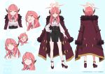  1girl aru_(blue_archive) black_skirt blue_archive blush breasts brown_coat brown_footwear brown_horns closed_eyes closed_mouth coat coat_on_shoulders collared_shirt demon_horns gloves halo high_heels highres horns large_breasts long_hair long_sleeves multiple_views neck_ribbon official_art open_mouth pink_hair pink_halo red_ribbon ribbon shirt side_slit skirt smile white_gloves white_shirt yellow_eyes 
