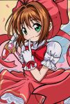  1girl antenna_hair bow bowtie brown_hair cardcaptor_sakura dress emapippi frilled_dress frills fuuin_no_tsue gloves green_eyes hair_intakes highres index_finger_raised kinomoto_sakura pink_dress puffy_short_sleeves puffy_sleeves red_bow red_bowtie red_headwear shirt short_hair short_sleeves smile solo wand white_gloves white_shirt 