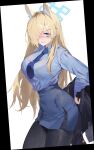  1girl absurdres animal_ear_fluff animal_ears black_border black_pantyhose blonde_hair blue_archive blue_eyes blue_shirt blue_skirt blush border breasts clenched_teeth cowboy_shot dog_ears extra_ears hair_intakes hair_over_one_eye halo hand_on_own_hip highres holding holding_clothes holding_jacket jacket ktr_(tpun2553) large_breasts long_hair long_sleeves pantyhose parted_bangs pencil_skirt sharp_teeth shirt skirt solo sweat teeth tie_clip 