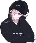  1boy artist_name baseball_cap black_headwear black_hoodie blonde_hair character_name clothes_writing commentary cropped_torso elbow_rest english_commentary facial_mark genshin_impact hair_between_eyes hand_up hat head_rest hood hood_up hoodie long_sleeves looking_at_viewer lyney_(genshin_impact) male_focus medium_hair multicolored_hair nana_illust parted_bangs parted_lips redhead simple_background sleeves_past_wrists smile solo streaked_hair swept_bangs teardrop_facial_mark upper_body violet_eyes white_background 