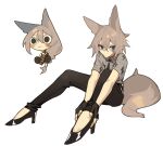  2girls absurdres animal_ears black_gloves blue_eyes fingerless_gloves full_body ghost_(tama) gloves grey_shirt hibi high_heels highres long_hair multiple_girls necktie original ponytail shirt short_hair simple_background tail white_background wolf_ears wolf_girl wolf_tail 