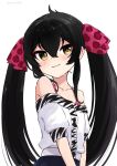  1girl animal_print black_hair black_skirt blush collarbone flat_chest hair_between_eyes hair_ribbon highres idolmaster idolmaster_cinderella_girls leopard_print long_hair looking_at_viewer matoba_risa pink_ribbon ribbon roccamoya shirt short_sleeves sidelocks skirt smile solo twintails twitter_username upper_body white_background white_shirt yellow_eyes zebra_print 